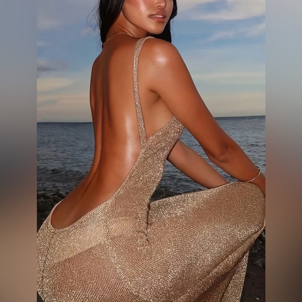 SHEIN Sheer Gold Bikini Cover Up Backless Dress
